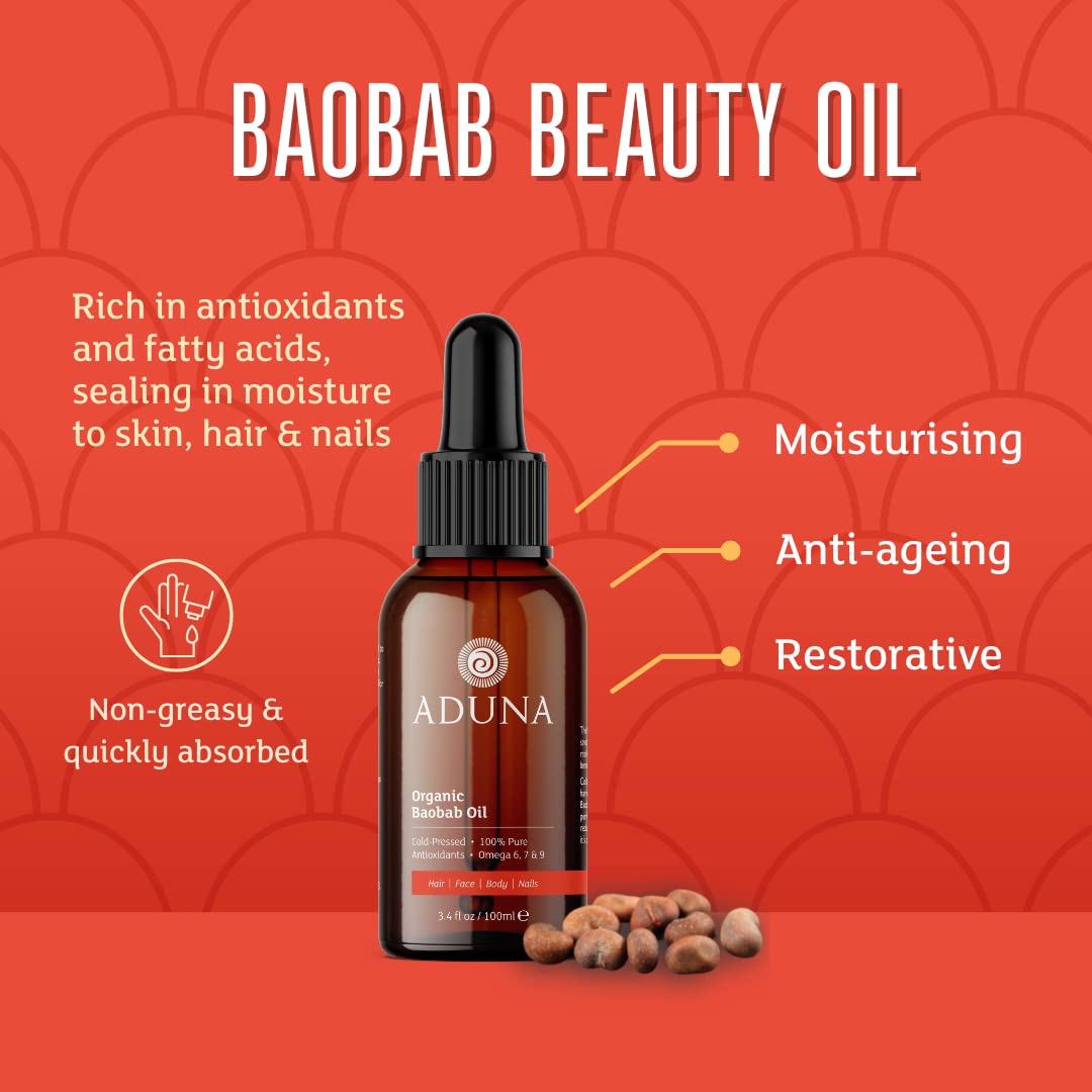 Aduna Wild Harvested Baobab Oil 100ml | 100% Organic | Unrefined Cold-Pressed Body, Hair & Face Oil | Moisturising & Anti-Ageing