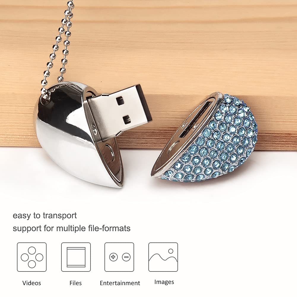 32GB USB Flash Drives with Box, Heart Diamond Shaped Waterproof Pendrive USB Memory Stick, Romantic Gifts for Wife Child Friend (32GB, Blue with Box) 32GB