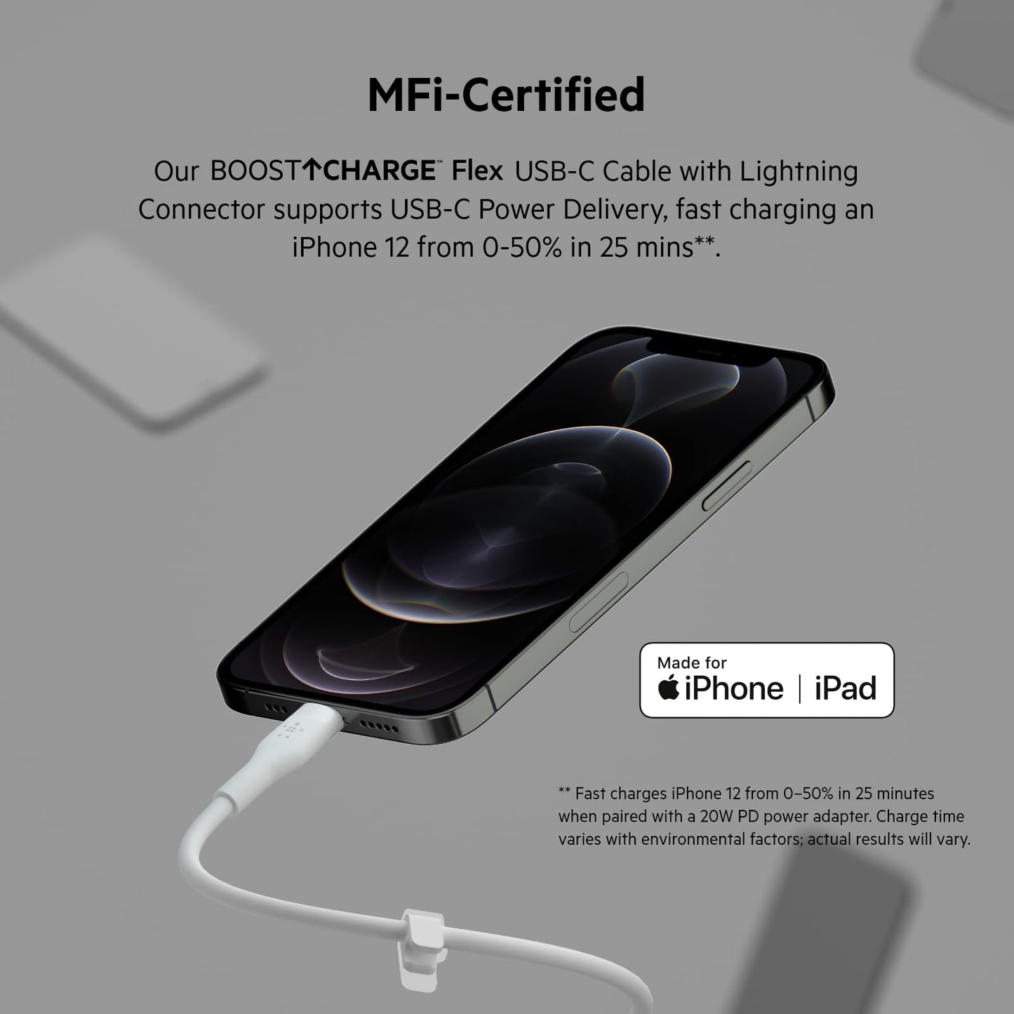 Belkin BoostCharge Flex Silicone USB Type C to Lightning Cable (1M/3.3FT), MFi Certified 20W Fast Charging PD Power Delivery for iPhone 14/14 Plus, 13, 12, Pro, Max, Mini, SE, iPad and More - White 1M