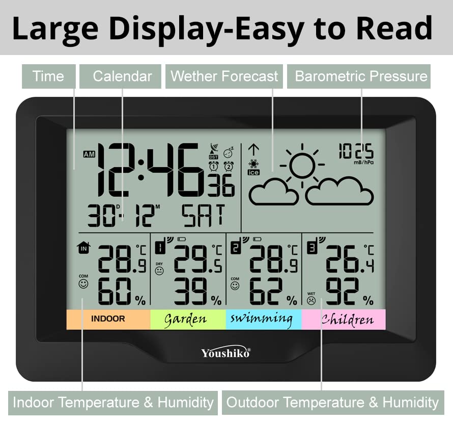 Youshiko (Official 2025 UK Version), 3 x Wireless Sensors Weather Station, Radio Controlled Clock Temperature Thermometer Humidity, Barometric Pressure Large / Console Size: 15.8 x 11.2 cm