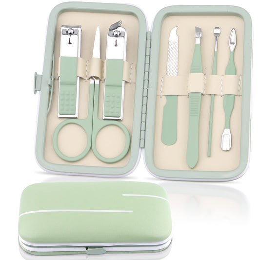 7in1 Manicure Set, Kalolary Professional Stainless Steel Nail Care Kits Pedicure Kit Grooming Kit with Portable Travel Case for Thick Nails Cuticle Remover Toe Nail Toenail Care Women Men(Green)