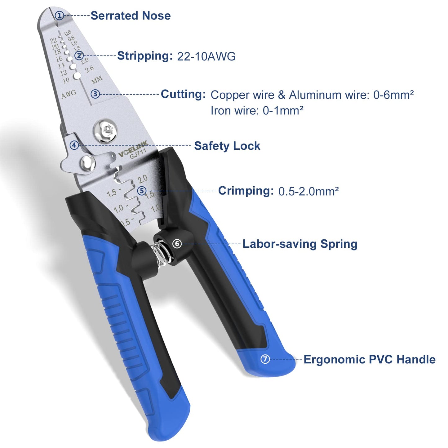 VCELINK 3 in 1 Wire Stripper Cutter Electricial, 6 inch Professional Cable Stripper/Cutter/Crimper, Multi-Function Small Wire Stripping Tool for Solid and Stranded Wire AWG10-22