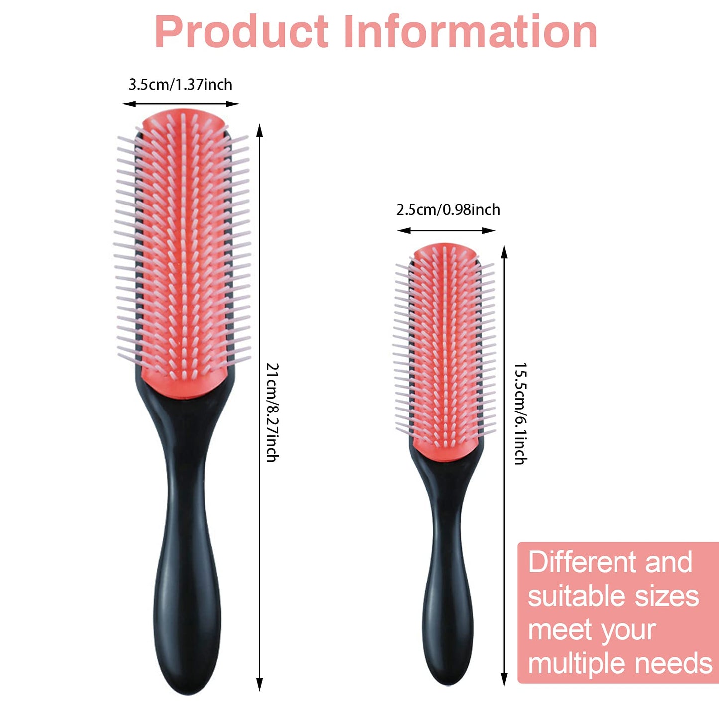 2 PCS Hair Brushes for Curly Hair, VEGCOO 9-Row Cushion Brush Nylon Bristle with Anti-Static Rubber Pad, Styling Hairbrush Tools for Blow Drying Hair Styling, Separating, Detangling, Shaping (2 Sizes) 2 Pieces