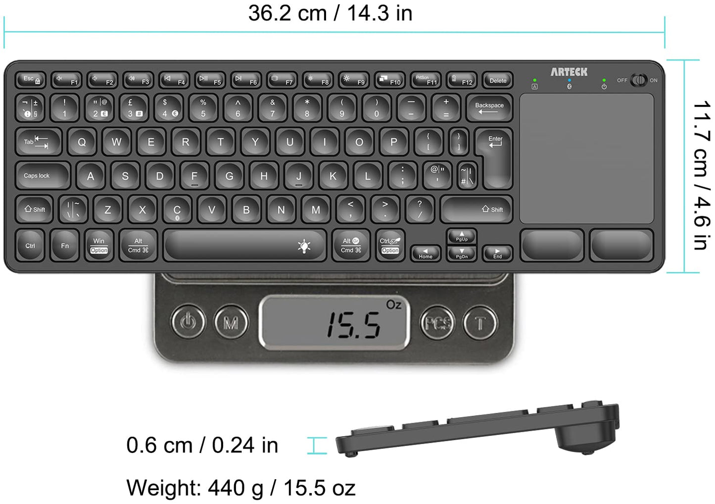 Arteck Universal Backlit 7-Colors Bluetooth Touch TV Keyboard with Easy Media Control and Build-in Touchpad for TV-Connected Computer, Smart TV, Desktop, Laptop, iPad, Surface, Tablet, HTPC