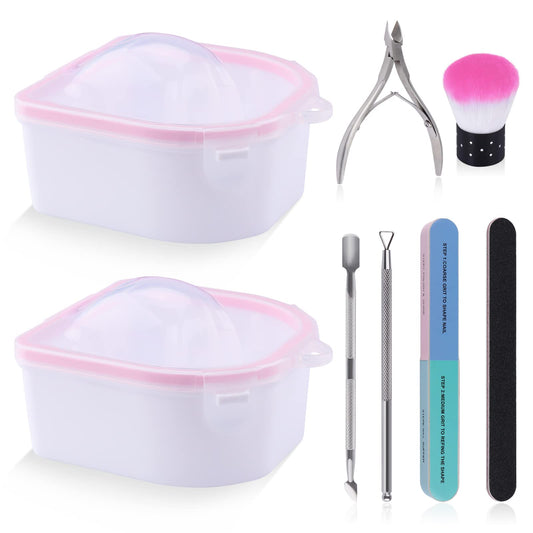 8PCS Nail Soaking Bowls, Kalolary Soak Off Bowl Nail Soak Tray Nail Polish Remove Wash Manicure Spa Tool with Cuticle Peeler, Cuticle Pusher, Nail Files, Brush and Nipper for Home and Salon Use (Pink) Pink