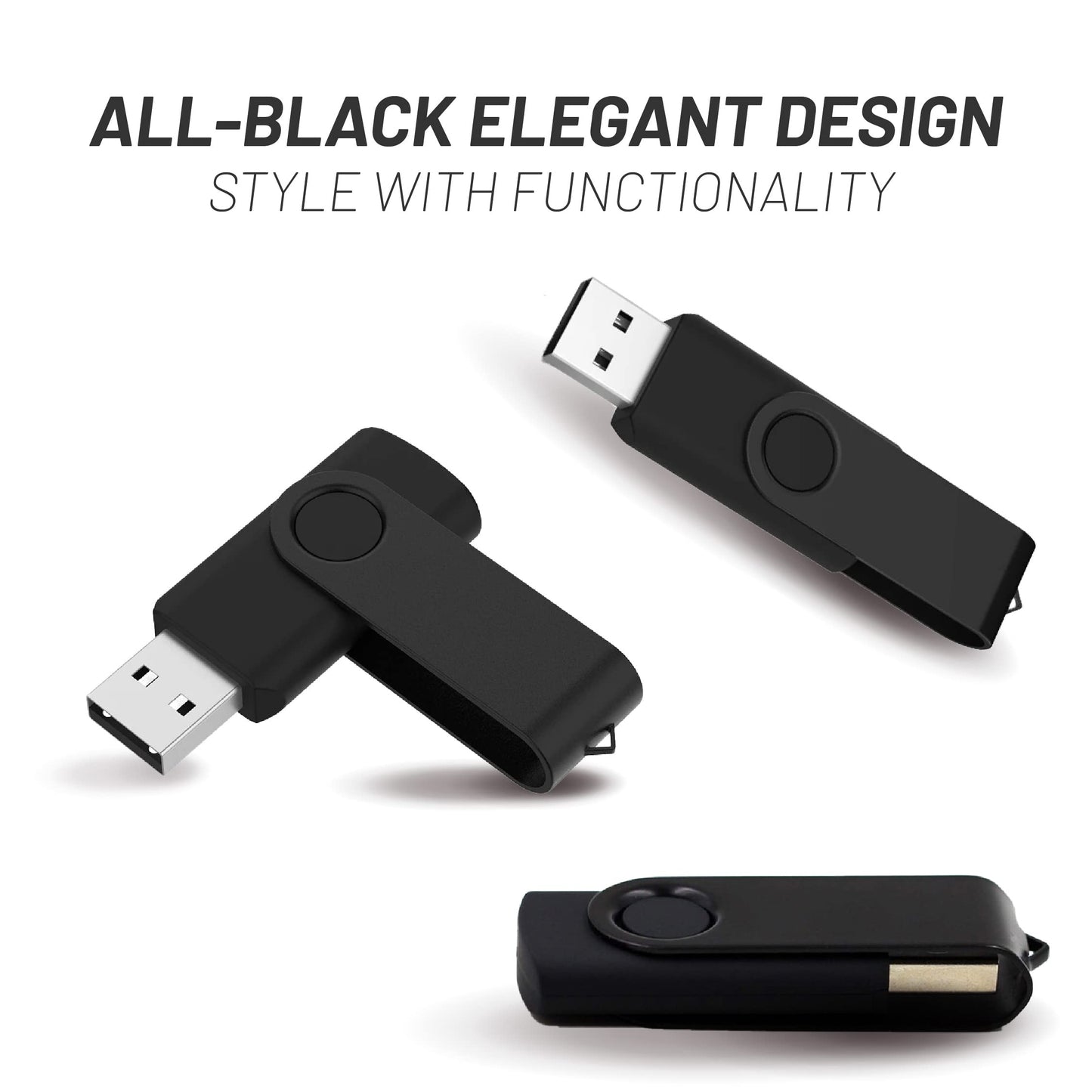 Vixelle 32GB USB Stick All-Black USB Flash Drive – Stylish 360° Metal Swivel USB Memory Sticks with Keychain Loop – Portable USB Pen Drive Bulk Pack for PC, Mac, TV, Car Audio, Video 1 Pack