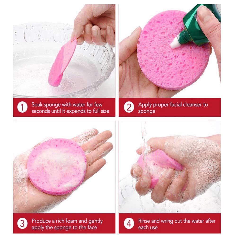 60 Pcs Compressed Facial Sponge, 60mm/2.4 Inch Natural Wood Pulp Cotton Facial Washing Sponge for Facial Cleansing, Exfoliating Mask, Makeup Removal(Round, Pink+White) (Pink)