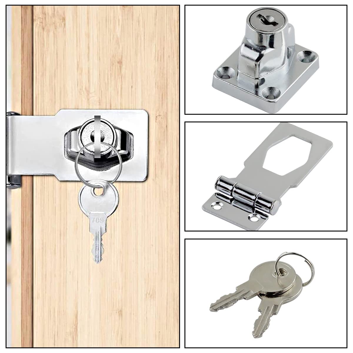 2 Sets Safety Metal Door Latch Locks Keyed Hasp Locks Door Lock Hasps with Padlocks and Keys for Cabinets, Cupboard, Drawer Gate