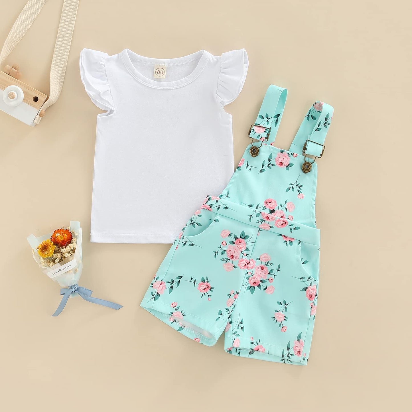 ZZLBUF Toddler Baby Girl Overalls Romper Outfit Kids Ruffle Sleeve Tops T-Shirt + Floral Suspender Pocket Shorts Clothes Set Floral Green 18-24 Months