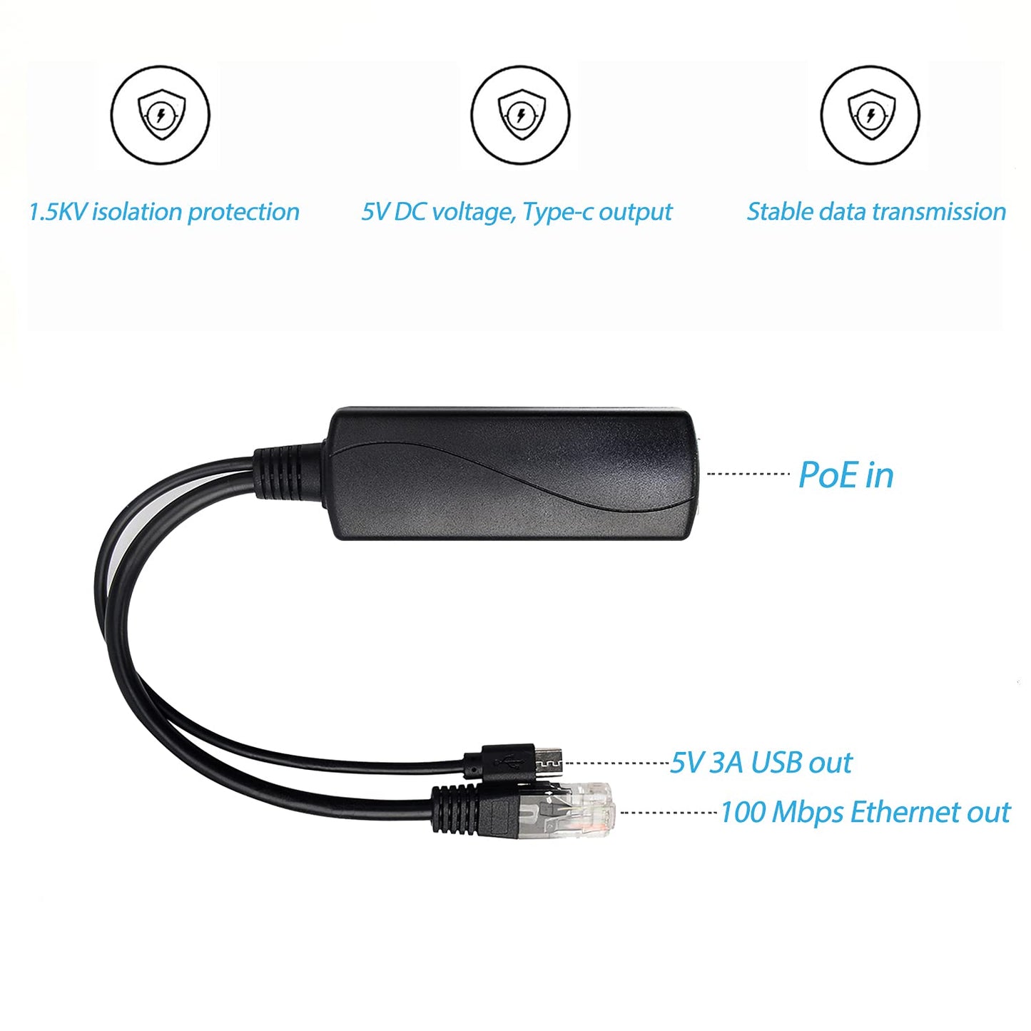 Type C PoE Splitter 5V 3A, IEEE 802.3af/at Standard, 10/100Mbps Type C Power Over Ethernet Splitter With RJ45 port and TYPEC port(TYPEC0503 Black) 5V 3A TYPEC0503