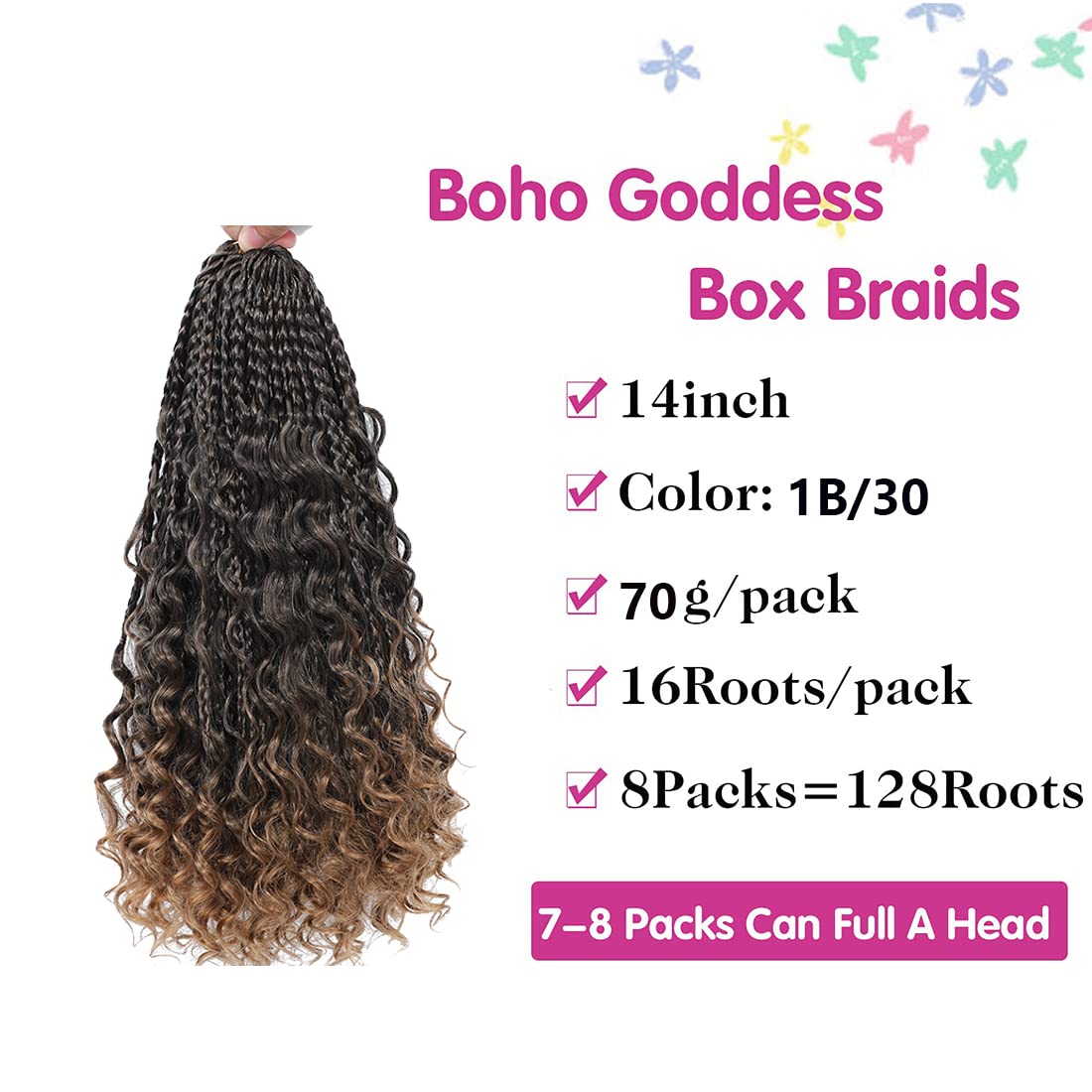 WoWCFyyds 8 Packs Crochet Braids Hair Extensions 14 inch Goddess Box Braids Crochet Hair Bohemian Hippie Braids Extensions with Curly Ends Synthetic Crochet Hair Extension for Black Women（1B/30） 1B/30 14Inch