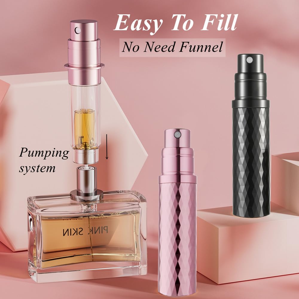 Aurdox Perfume Atomiser Refillable, Mini Perfume Travel Bottle, Small Perfume Spray Bottles with Bottom Pump, Leaking Proof and Portable for Women and Men, Elegant Dimond Design,5ml Pink