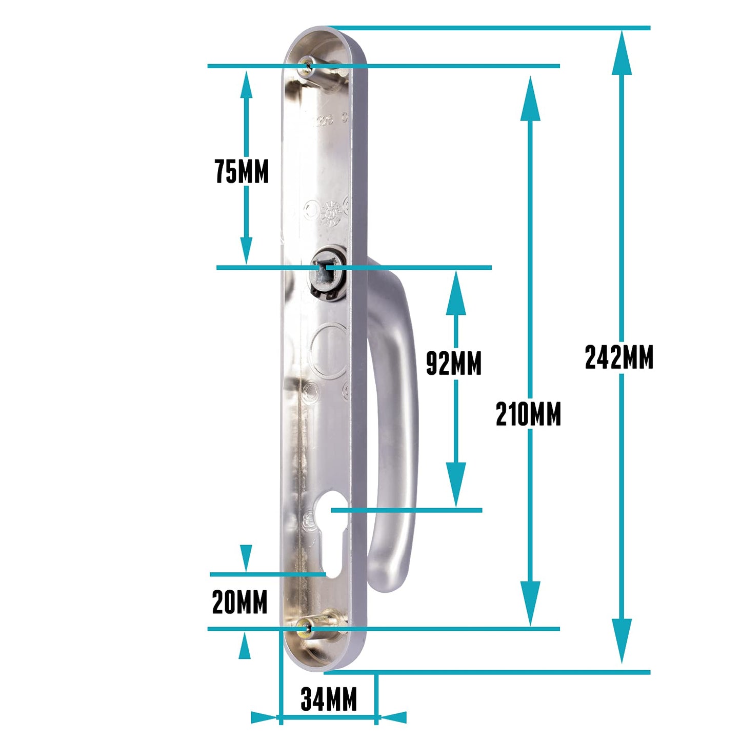 UPVC Door Handles - Silver - Lever/Lever - 92mm PZ (Centres) - 210mm Screw to Screw - Backplate 242mm X 34mm - UPVC Door Handle - External Door Handle - Silver Replacement UPVC Door Handles