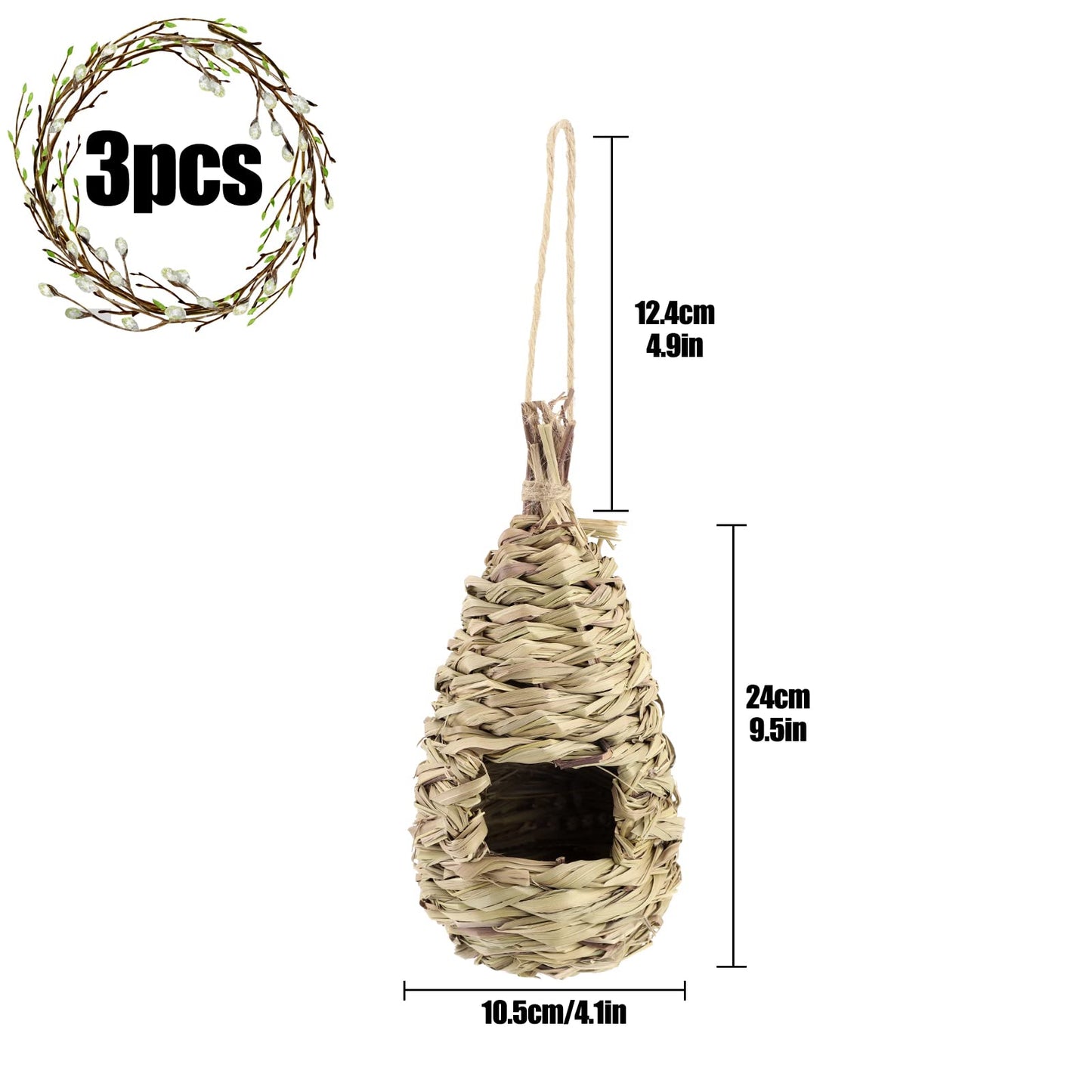 3 Pcs Bird Nest,Hummingbird House for Outside Hanging,Roosting Pouches for Birds,Grass Hanging Wren Finch Song Birds House for Nesting,Hand Woven Bird Nesting Boxes,for Garden Decoration,24x10.5 cm 3 Pcs Bird Nest