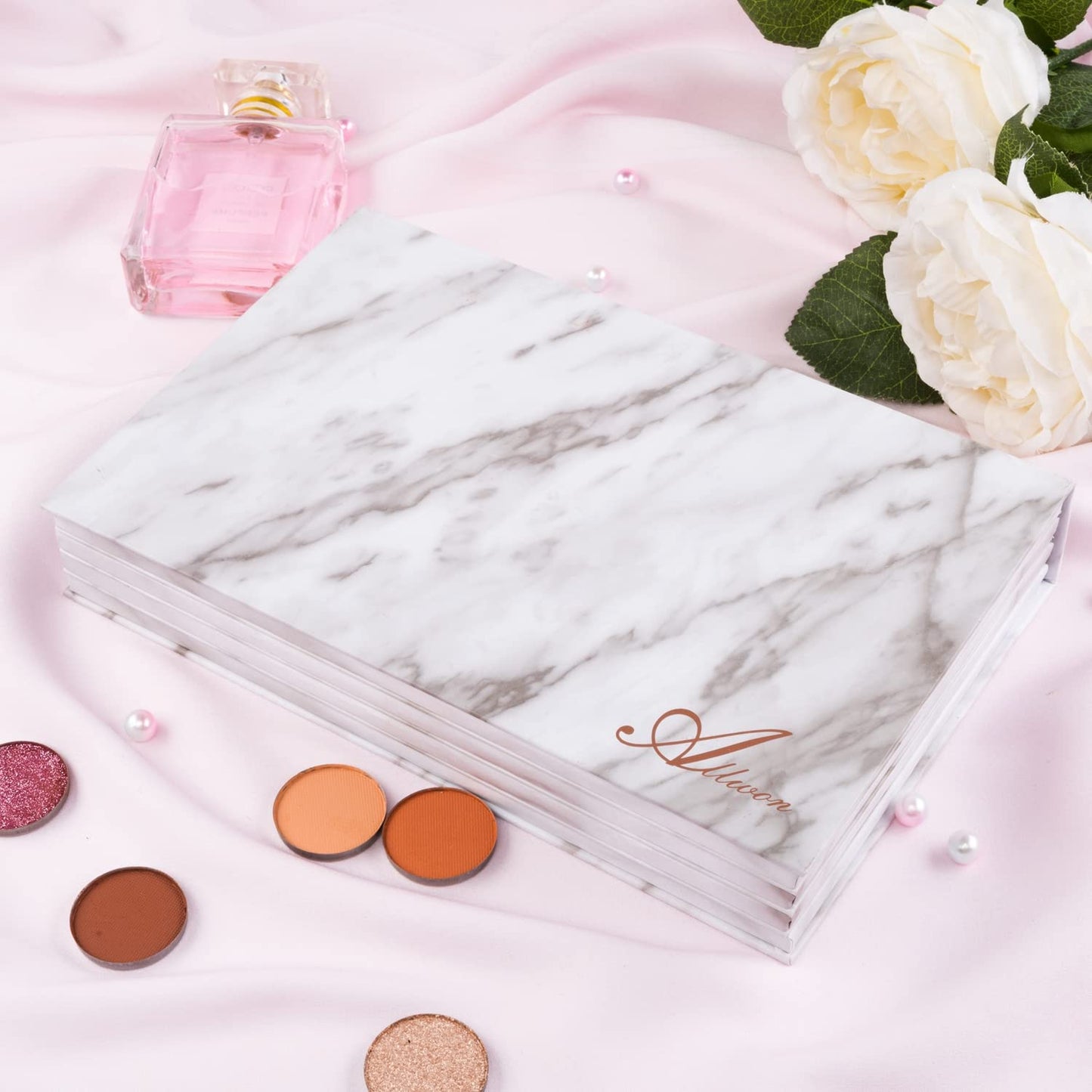 Allwon 4-Layer Book Shaped Marble Magnetic Palette Large Empty Makeup Palette Storage Box for Eyeshadow Lipstick Blush Powder (White)