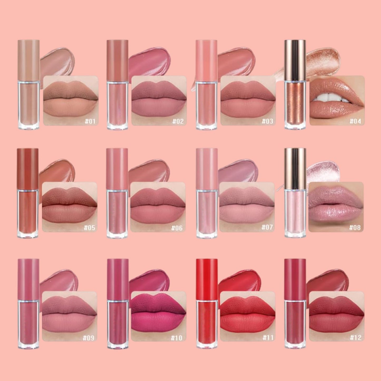 Beliky Girl 12 Colors Nude Liquid Lipstick Makeup Set Matte Velvet Non-Stick Cup Not Fade Long-Lasting Waterproof Pink Lip Gloss High Shine Lip Plumping Glass Finish Lipstick Set Gift Kit For Women Set A