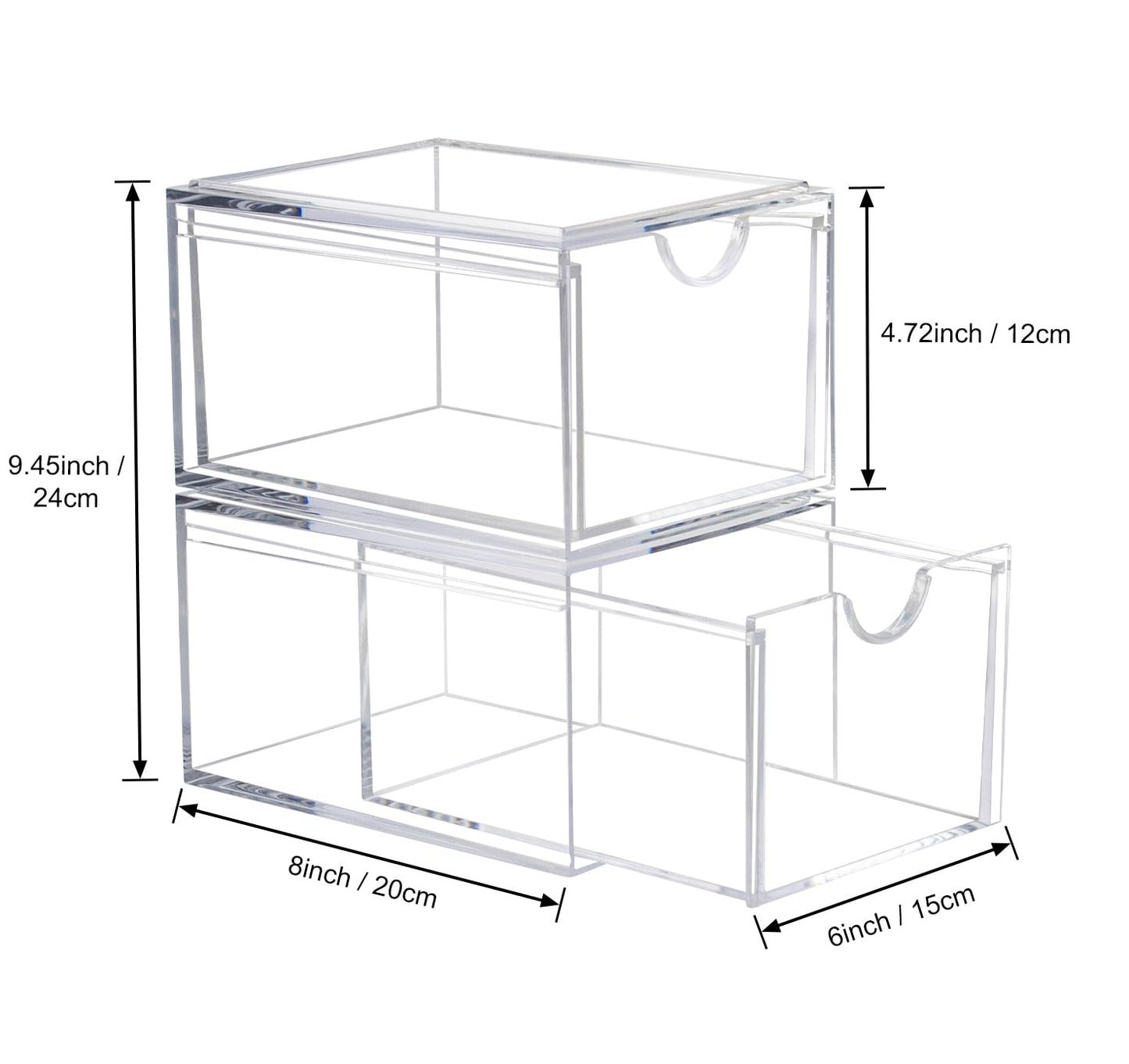 AMEITECH Stackable Cosmetic Organizer Drawers, Acrylic Clear Makeup Organiser, Vanity Container Drawer for Cosmetics, Skin Care, Hair Accessories, Bathroom Counter or Dresser - Pack of 2