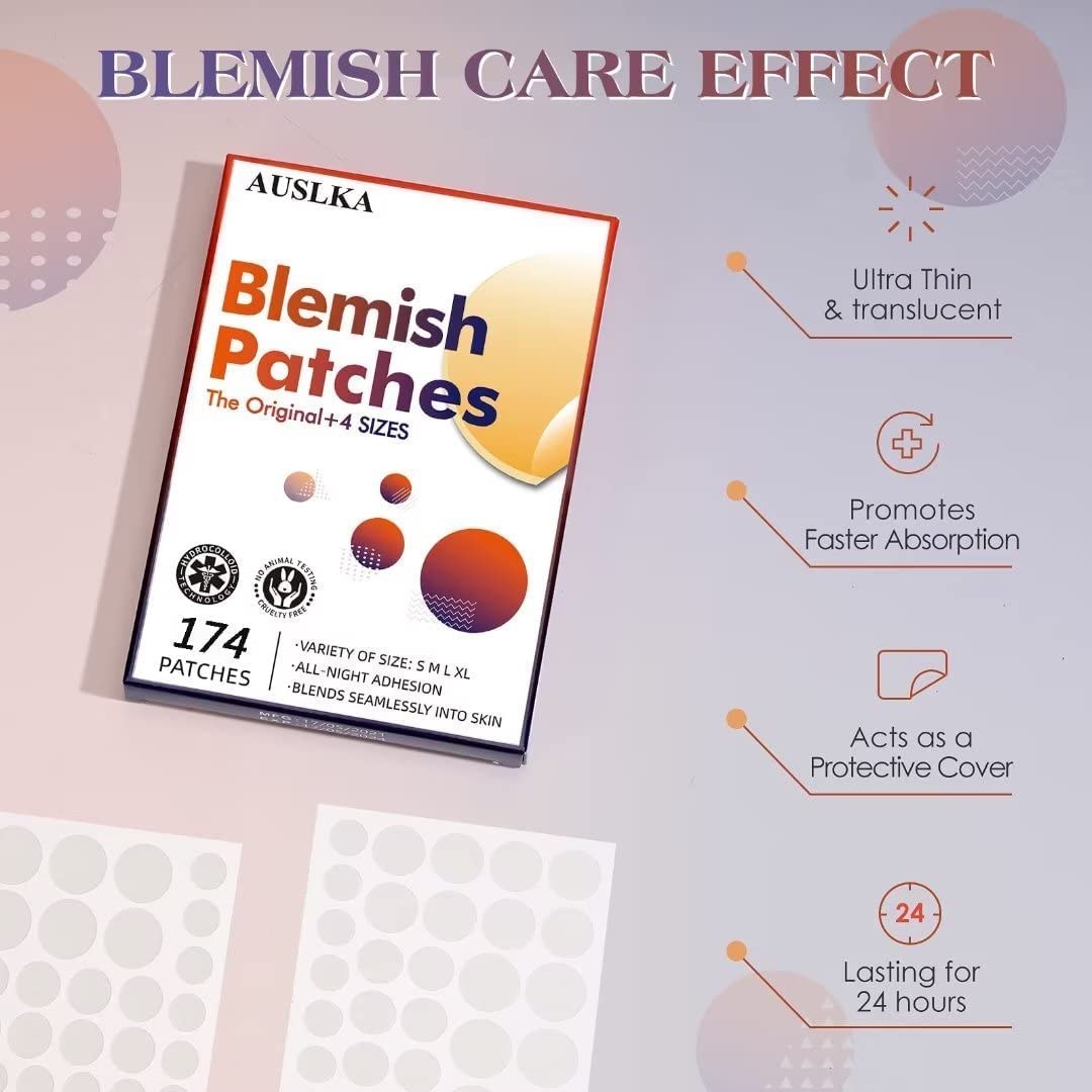 AUSLKA Pimple Patches (174 Patches) - Hydrocolloid Patches - Invisible Pimple Spot Stickers - Facial Stickers,All Skin Types