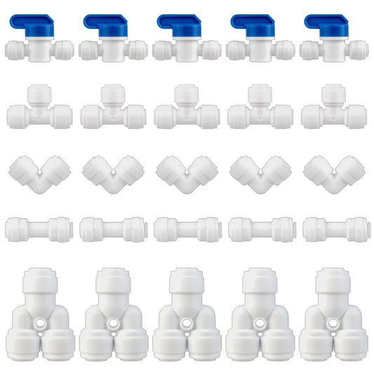 25 Pieces RO Water Filter Fitting, 1/4 Push Fit Connectors Plastic Water Filter Pipe Connectors Y T I L Type Combo with 1/4 Shut Off Valve RO Fittings for 6mm Water Pipe