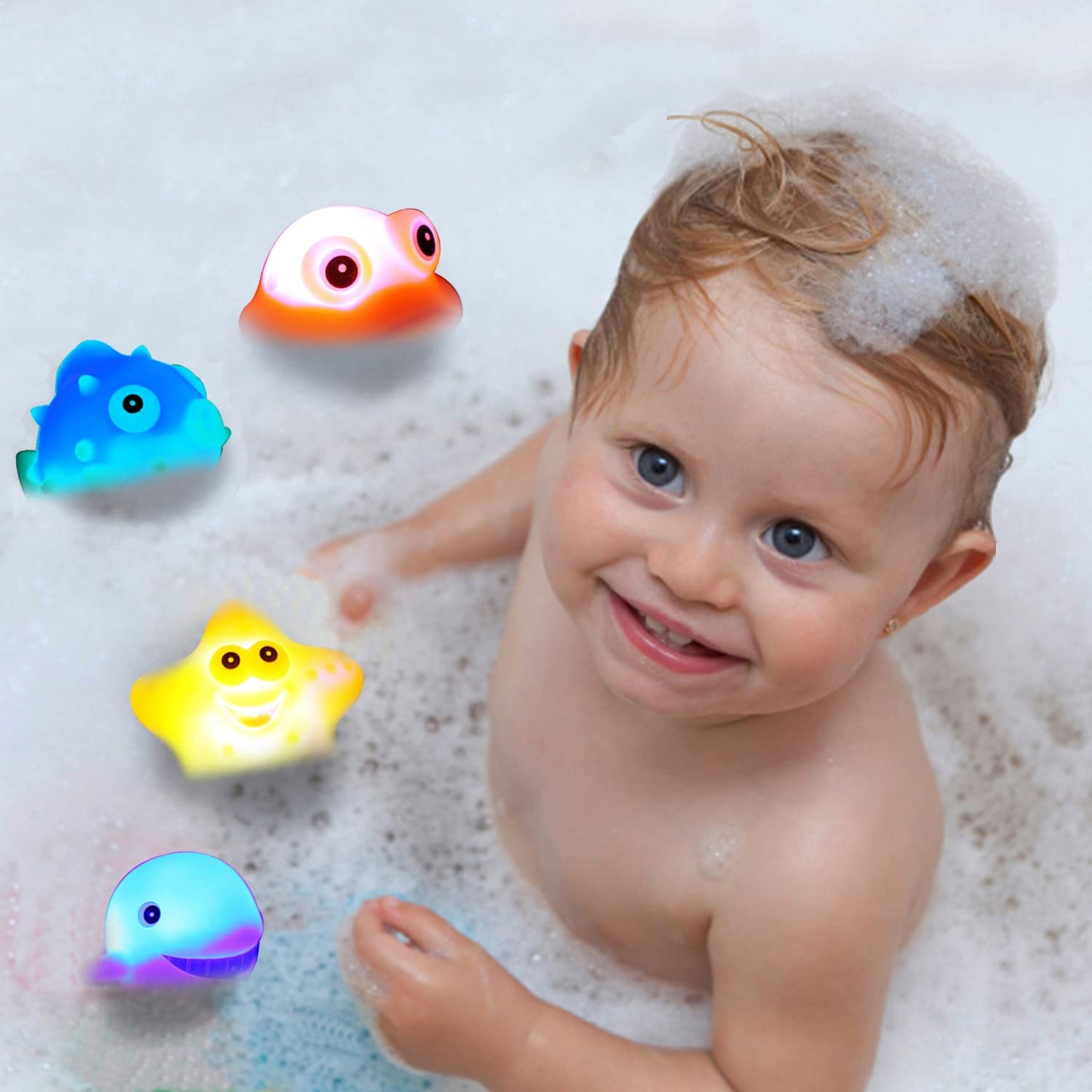 8 Pcs Light Up Bath Toys, Flashing Color Changing Light in Water, Floating Rubber animal Toys set, Baby Infants Kids Toddler Child Preschool Bathtub toy