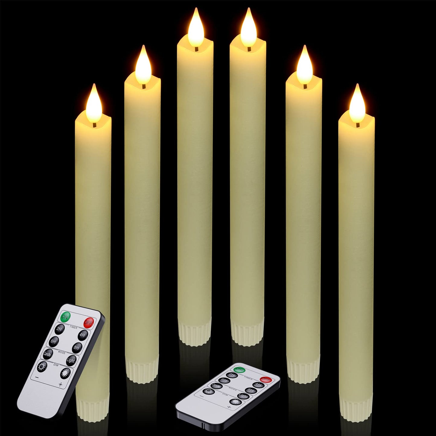 Ymenow LED Battery Operated Candles with Remote, 6pcs 24.5cm Long Fake Flameless Flickering Ivory Taper Candles in Real Wax with 2/4/6/8 Hours Timer for Dinner Halloween Christmas Room Window Decor