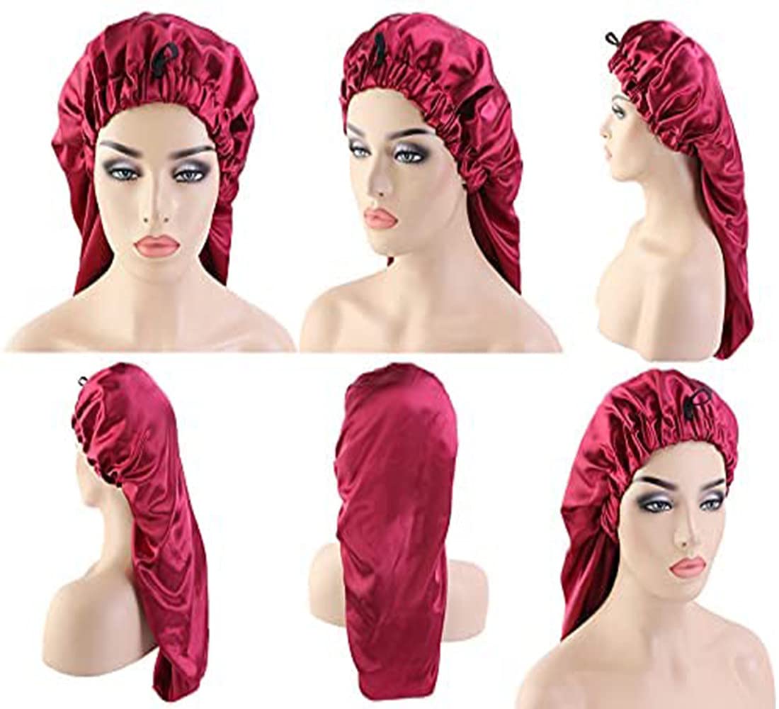 2 Pack Long Satin Hair Bonnet for Women Girls Silky Cap for Sleeping Large Satin Sleep Cap for Long Curly Hair Protection Black+red