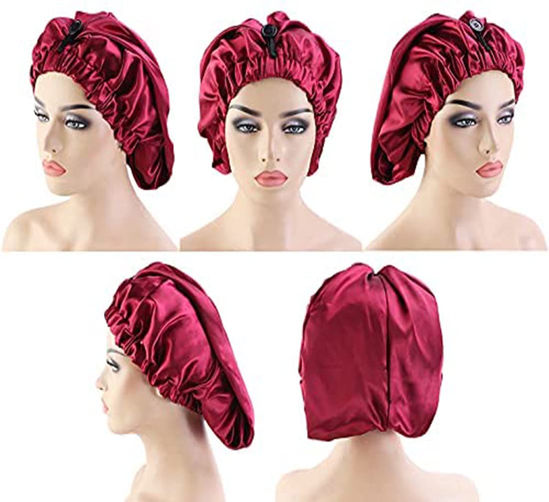 2 Pack Long Satin Hair Bonnet for Women Girls Silky Cap for Sleeping Large Satin Sleep Cap for Long Curly Hair Protection Black+red