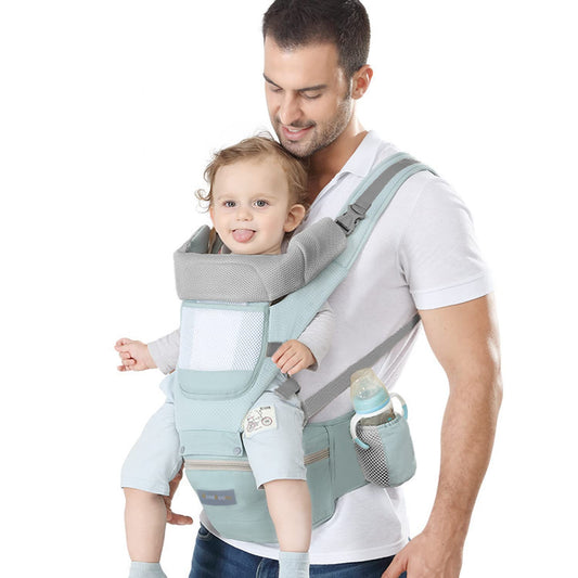 Azeekoom Baby Carrier Ergonomic with Hip Seat, Cotton Child Carrier Dorsal and Ventral, Lightweight Breathable, Adjustable Headrest for Babies and Children from 3 to 48 Months(Light Green) Light Green