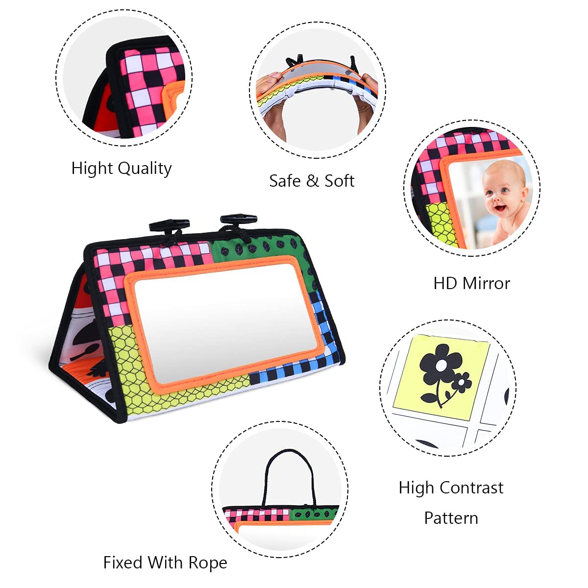 Vicloon Tummy Time Mirror, Baby Mirror Black and White Sensory Toys Tummy Time Activity Mirror, Baby Mirror Toy Safe Foldable with High Contrast Patterns Play and Pat Activity Mat for Newborn Infants Orange Edge