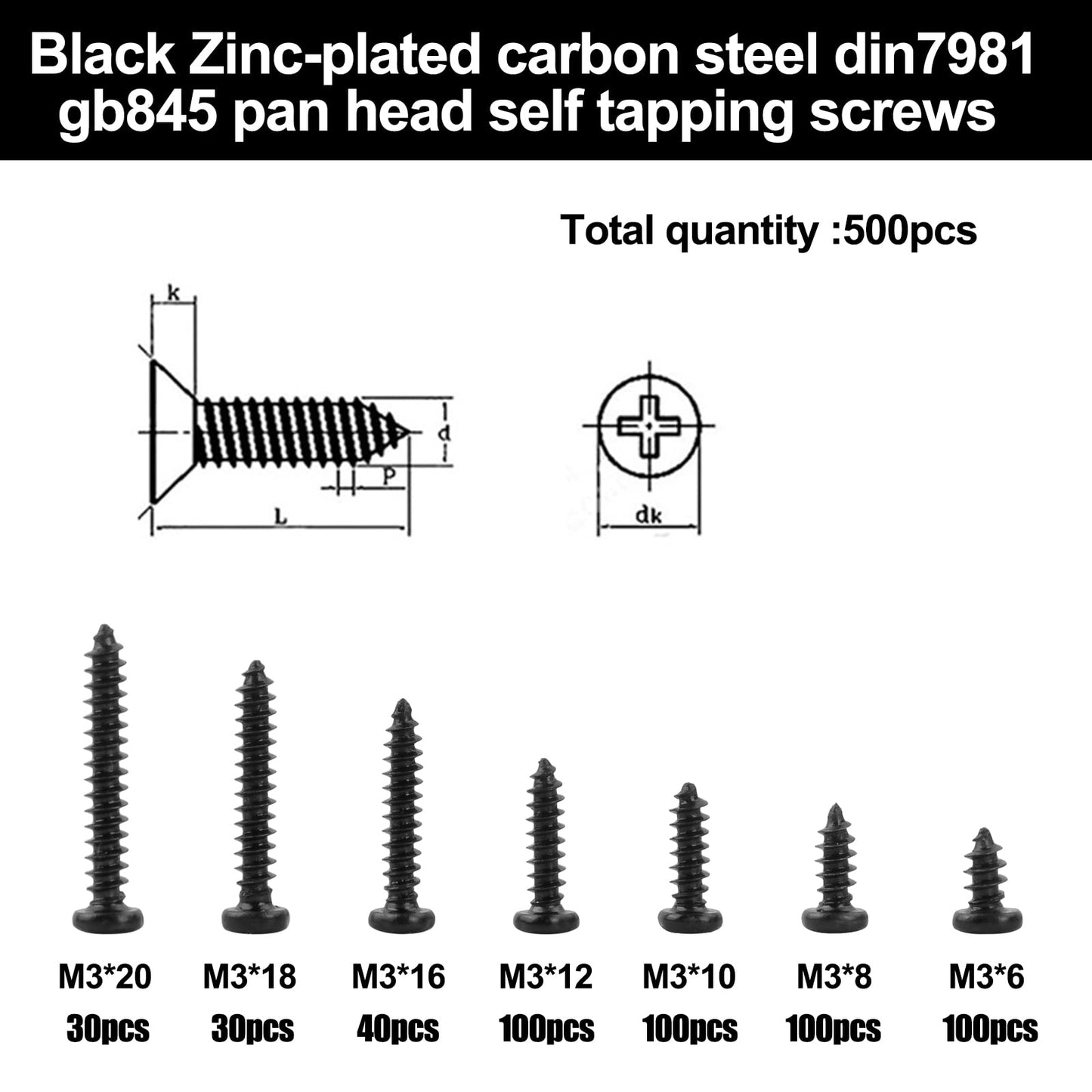 500 Pcs M3 Self-Tapping Screws Black Carbon Steel Screws Phillips Flat Head Micro Screws Round Countersunk Screws Assortment Kit Wood Woodworking Screw Zinc Plated M3x6mm/8mm/10mm 12mm/16mm/18mm/20mm