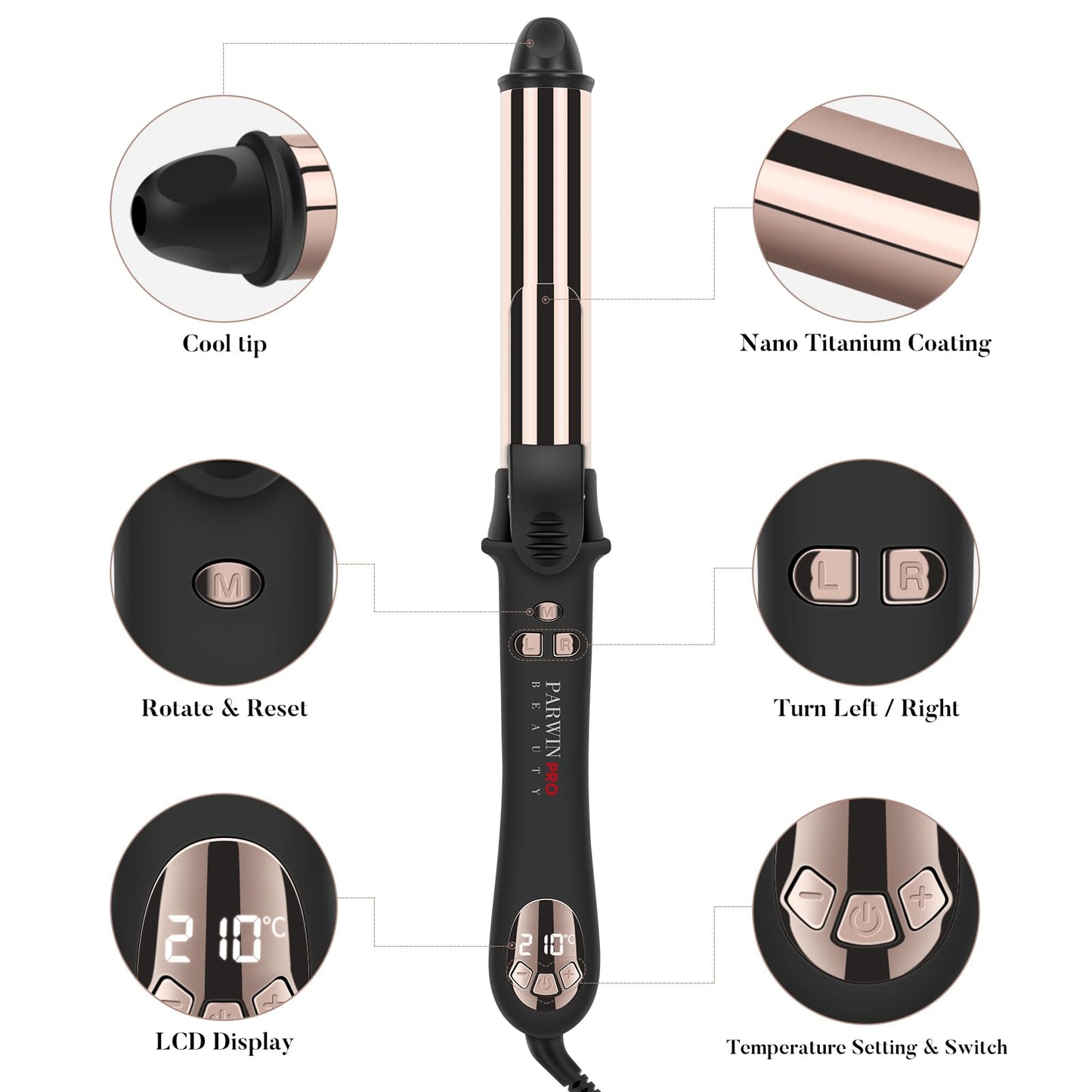 360° Rotating Automatic Hair Curler, PARWIN PRO BEAUTY 25MM Hair Curling Wand, Nano Titanium Coating Curling Tongs, Rotating Curling Iron with LCD Display, 120-210℃ 25MM Hair Curler