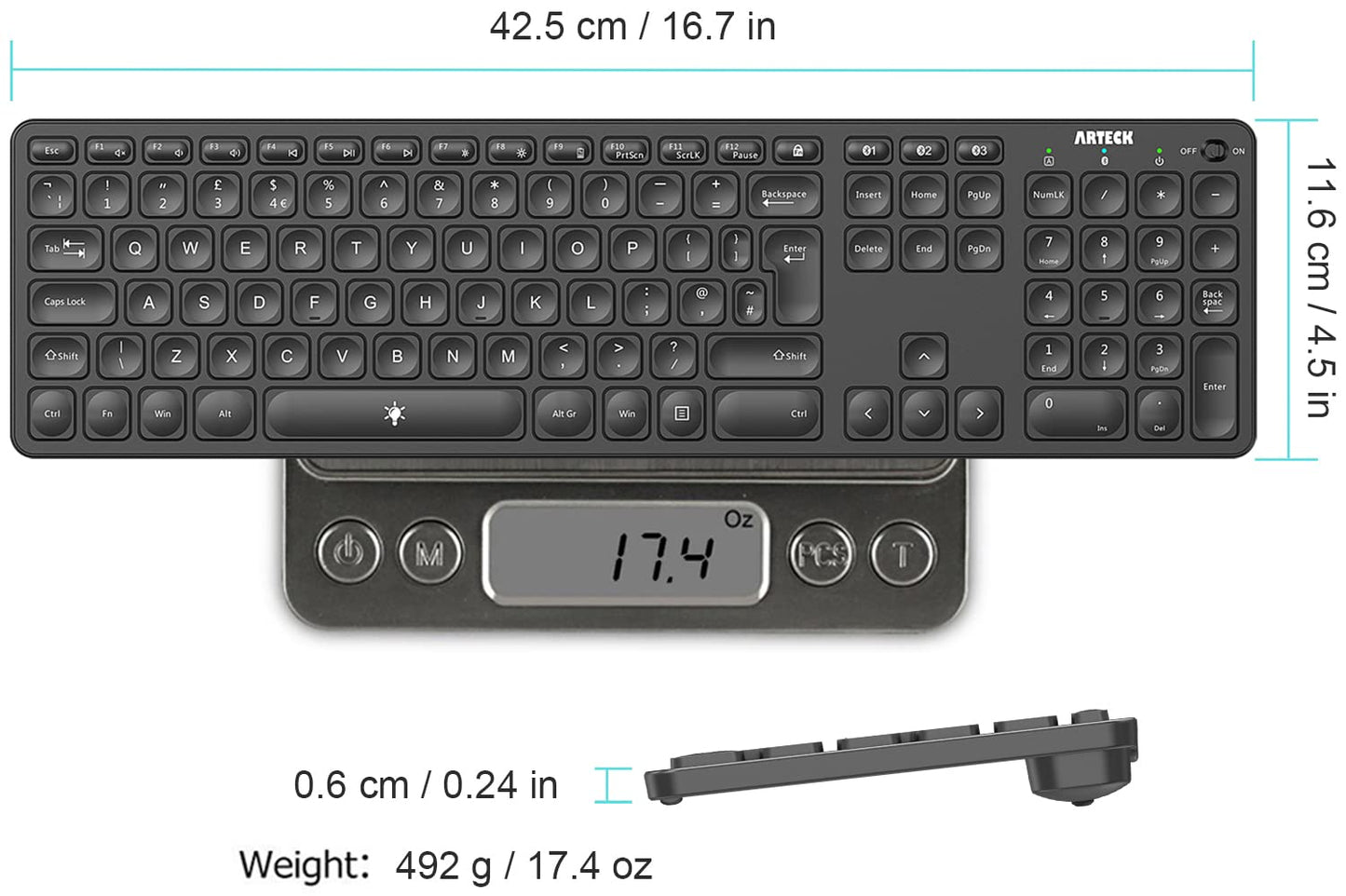 Arteck Universal Backlit 7-Colors & Adjustable Brightness Multi-Device Full Size Wireless Bluetooth Keyboard for Windows, iOS, iPad OS, Android, Computer Desktop Laptop Surface Tablet Smartphone