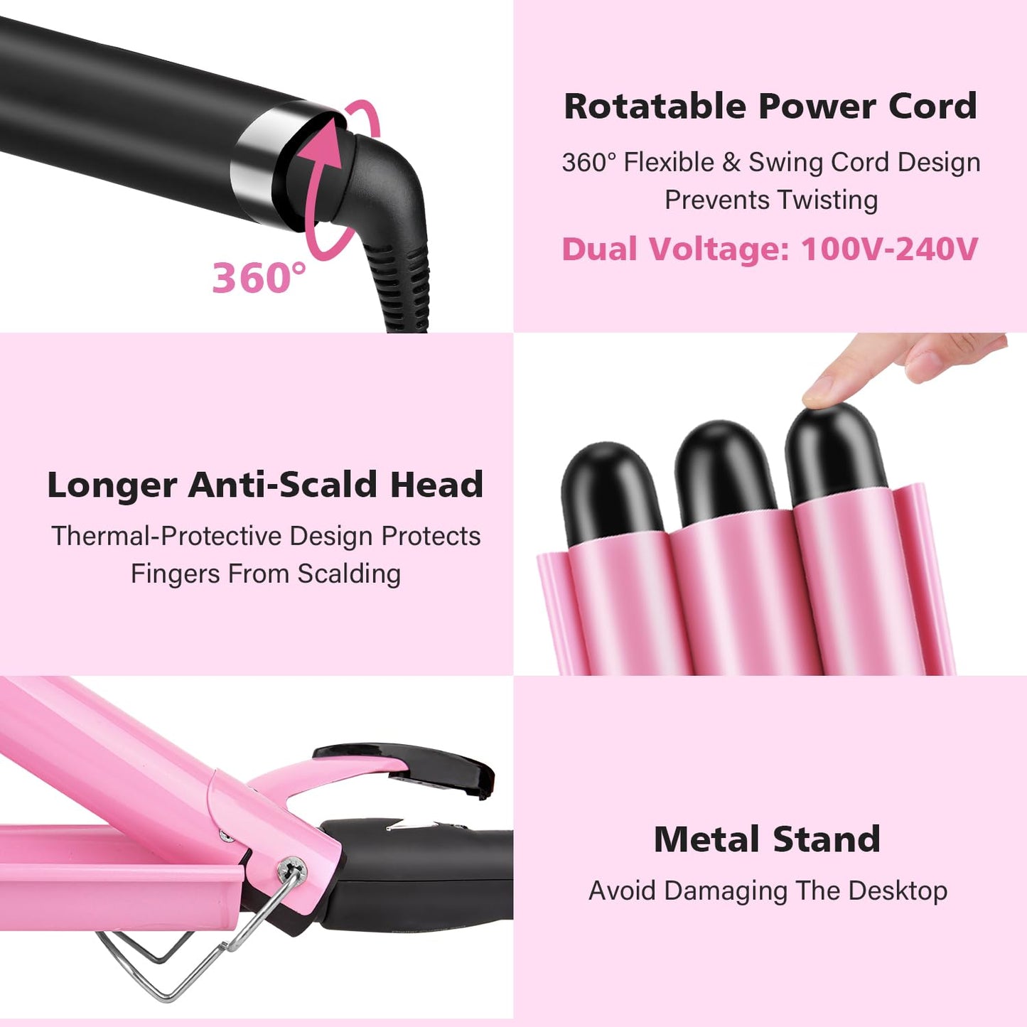 3 Barrels Hair Curler - 25mm Curling Iron Tongs Hair Waver Mermaid Waves Wand Beach with 2 Temperature Control Quick Heating for Long or Short Styling Pink