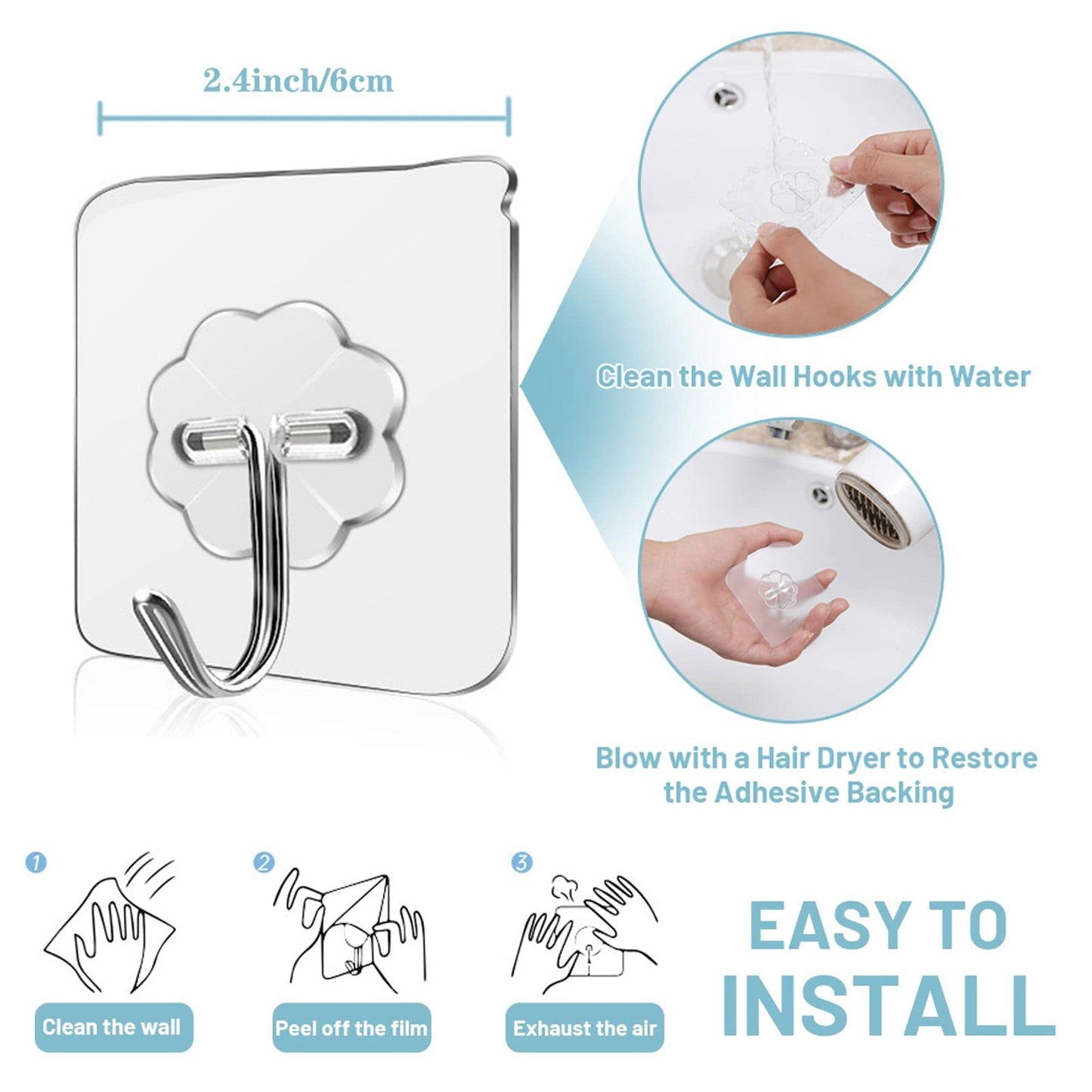 Wall Hooks 15Kg(Max) Transparent Seamless Hooks for Hanging,Waterproof Oilproof Bathroom Kitchen Heavy Duty Adhesive Hooks,Coat Hooks, Utility Towel Bath Ceiling Hooks (10Pack) 10