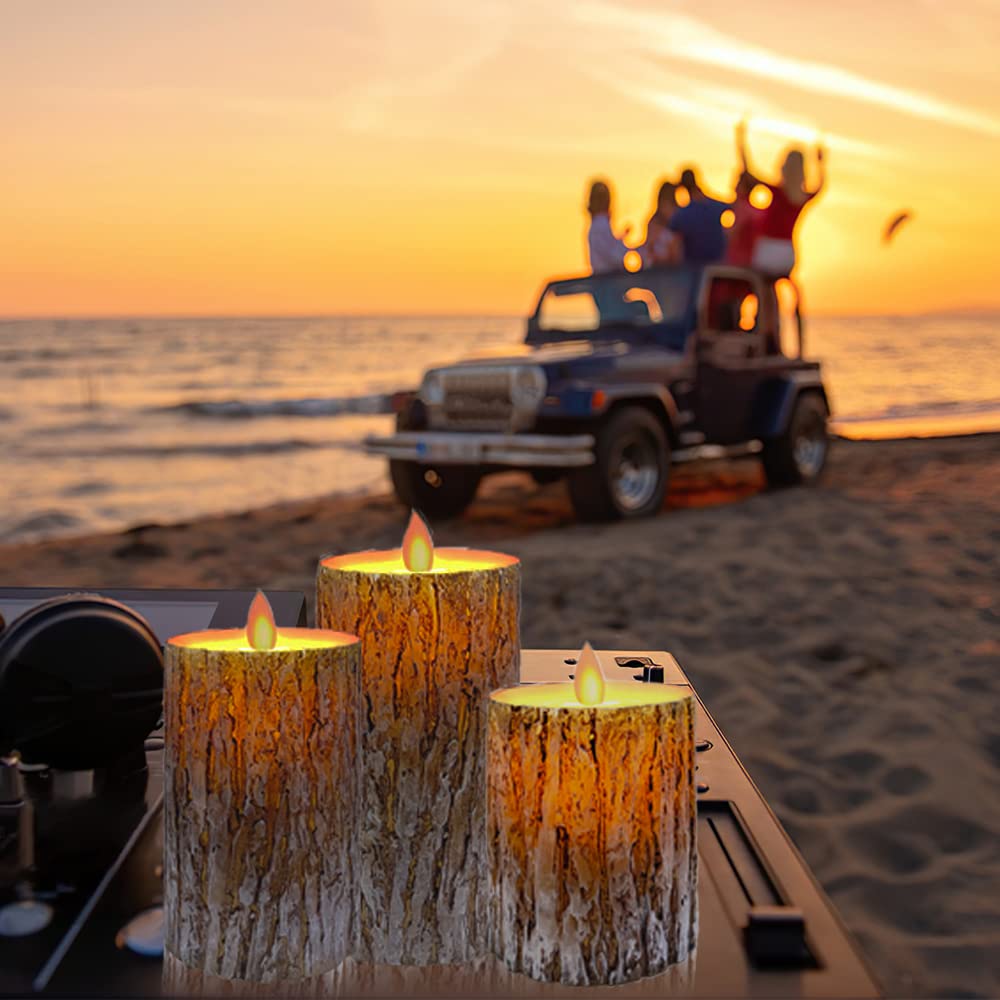 Aongray LED Candles with Pine Bark Effect Flickering Battery Operated Candles 4" 5" 6" Set of 3, Real Wax Candles Decorating Pillars,10-Key Remote Control with 24 Hour Timer Function