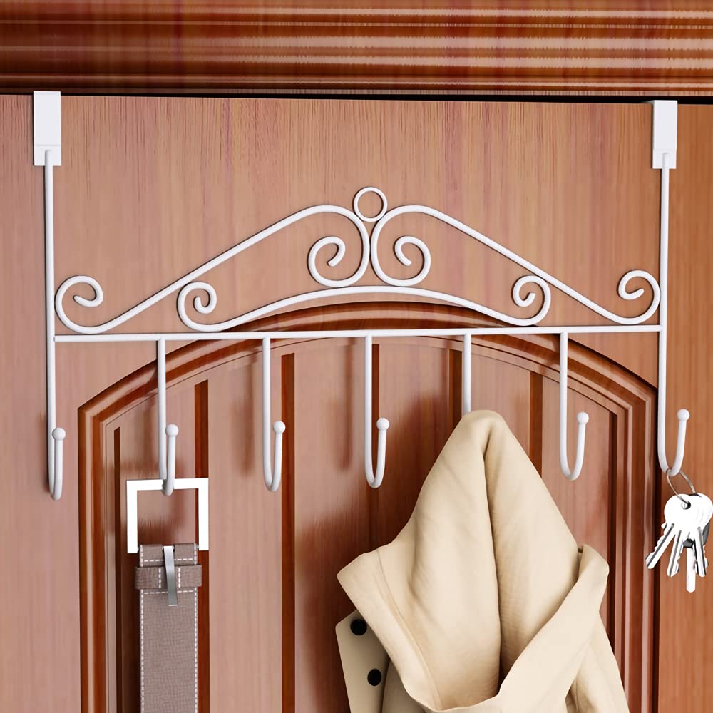 WENLION Over The Door Hook, Over Door Hanger for Coat, Towel, Bag, Robe - 7 Hooks (White) White