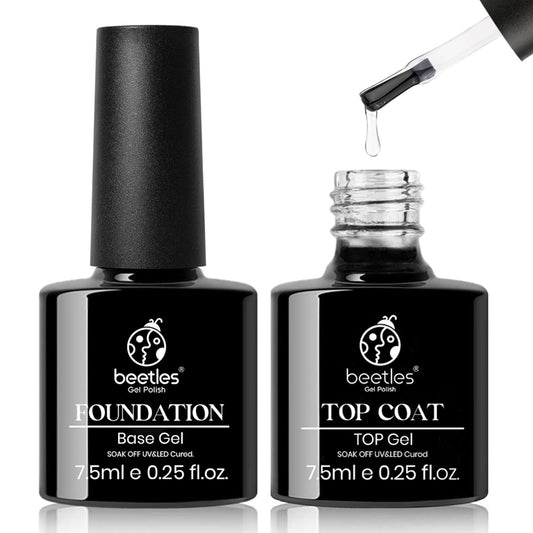 beetles Gel Polish No Wipe Gel Top Coat and Base Coat Set 2pcs 7.5ml Clear Gel Base Top Gel Glossy Shine Finish Long Lasting Gel Polish Soak Off LED Lamp Base and Top Coat Gel Nail Lamp TB Set