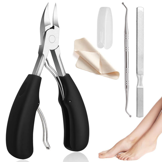 Toenail Clippers for Thick Nails, Azymi Ingrown Toenail Clippers 3Pcs Set Toenail Scissors with Nail File& Cleaning Cloth, Sharp Curved Blades/Wide Jaw Opening/Soft Handles Black