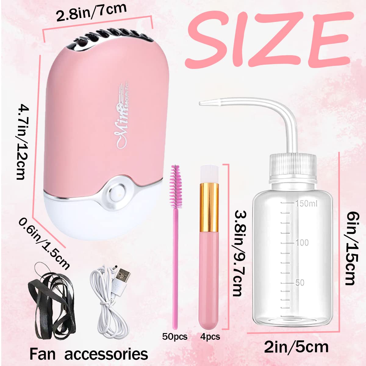 56 PCS Mini Portable Fans USB Rechargeable Handheld Bladeless Air Conditioning Cooling Refrigeration Fan,Lash Shampoo Brushes,Plastic Wash Squeeze Bottle,Disposable Eyelash Mascara Brushes Pink