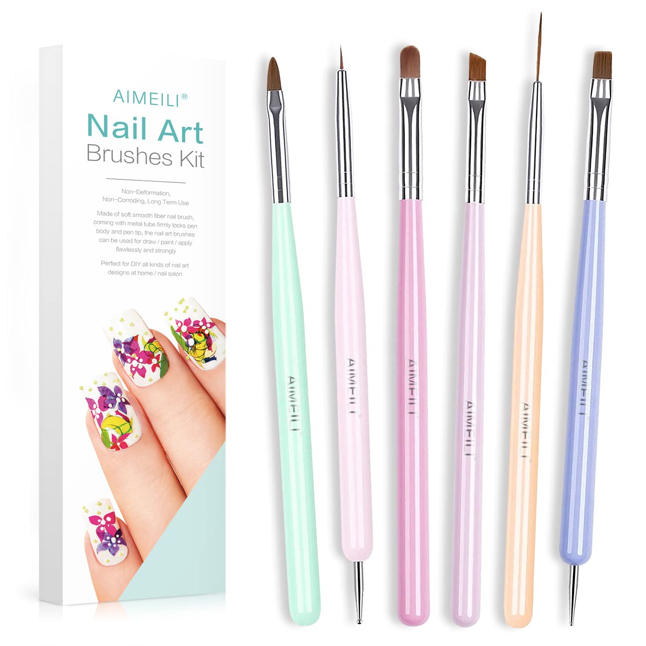 AIMEILI 6pcs Nail Art Brushes, Gel Nail Polish Nail Art Design Painting Tools Set with Double Ended Nail Art Brushes, Nail Extension Gel Brush, Nail Drill Drawing Brush Pen