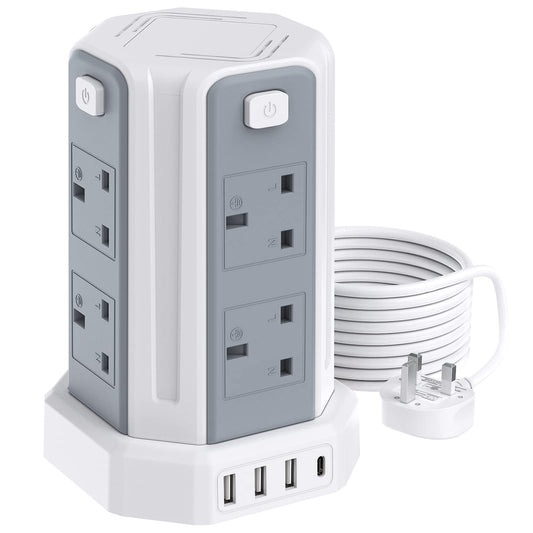 Tower Extension Lead, (3250W 13A) Extension Tower 8 AC Outlets & 4 USB Ports, Surge Protection Extension Lead with 4 Independent Switch, 17W USB C Ports Extension Cable 3M for Office, Home, Kitchen White