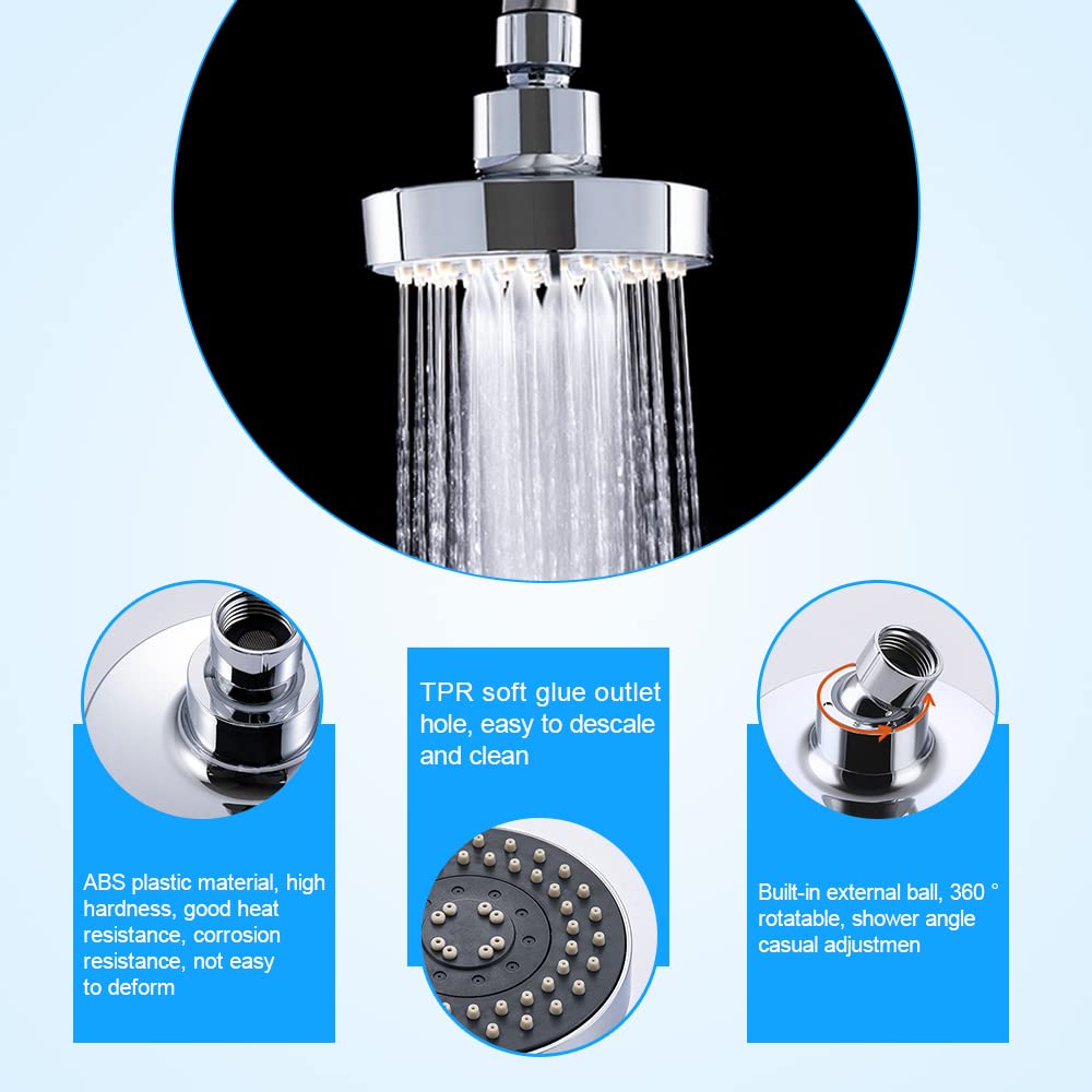 WANTOUTH 4-Inch High Pressure Rainfall Shower Head, 5 Spray Settings, Adjustable 360° Rotation, Anti-Rust ABS Material, Easy Installation with G1/2 Thread for Home, Hotel, and Bathroom