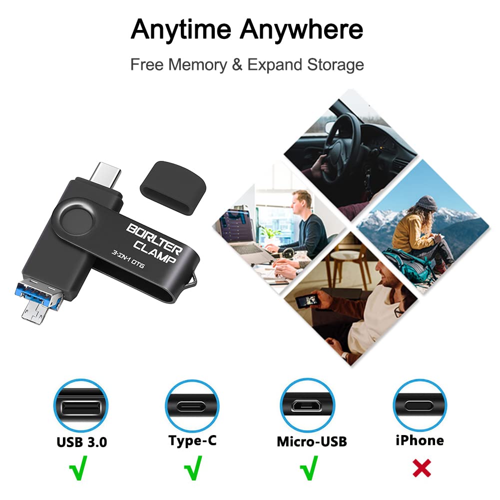 256GB USB 3.0 Flash Drive 3 in 1 Photo Stick for Android Phones, BORLTER CLAMP OTG Memory Stick with 3 USB Ports (USB C, microUSB, USB-A) for Samsung Galaxy, Tablet, PC and More (Black) 256GB Black