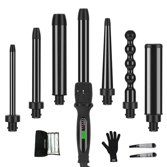 7 In1 Curling Wand Iron Set, PARWIN PRO BEAUTY Hair Curling Wands for Long Short Hair, Hair Curlers Wand with 7 Ceramic Barrels, LCD Display, Heat Resistant Glove, Dual Voltage Good for Travel Black