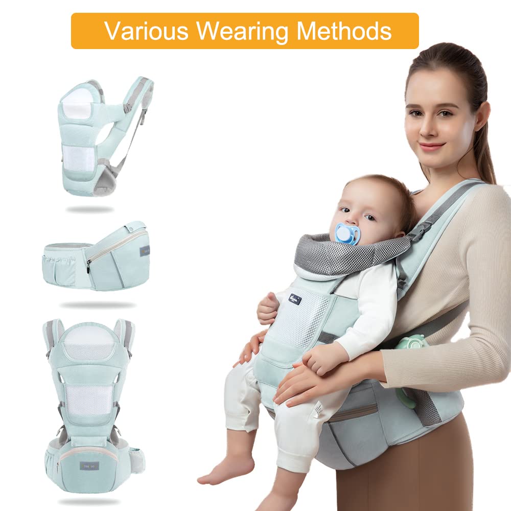 Azeekoom Baby Carrier Ergonomic with Hip Seat, Cotton Child Carrier Dorsal and Ventral, Lightweight Breathable, Adjustable Headrest for Babies and Children from 3 to 48 Months(Light Green) Light Green