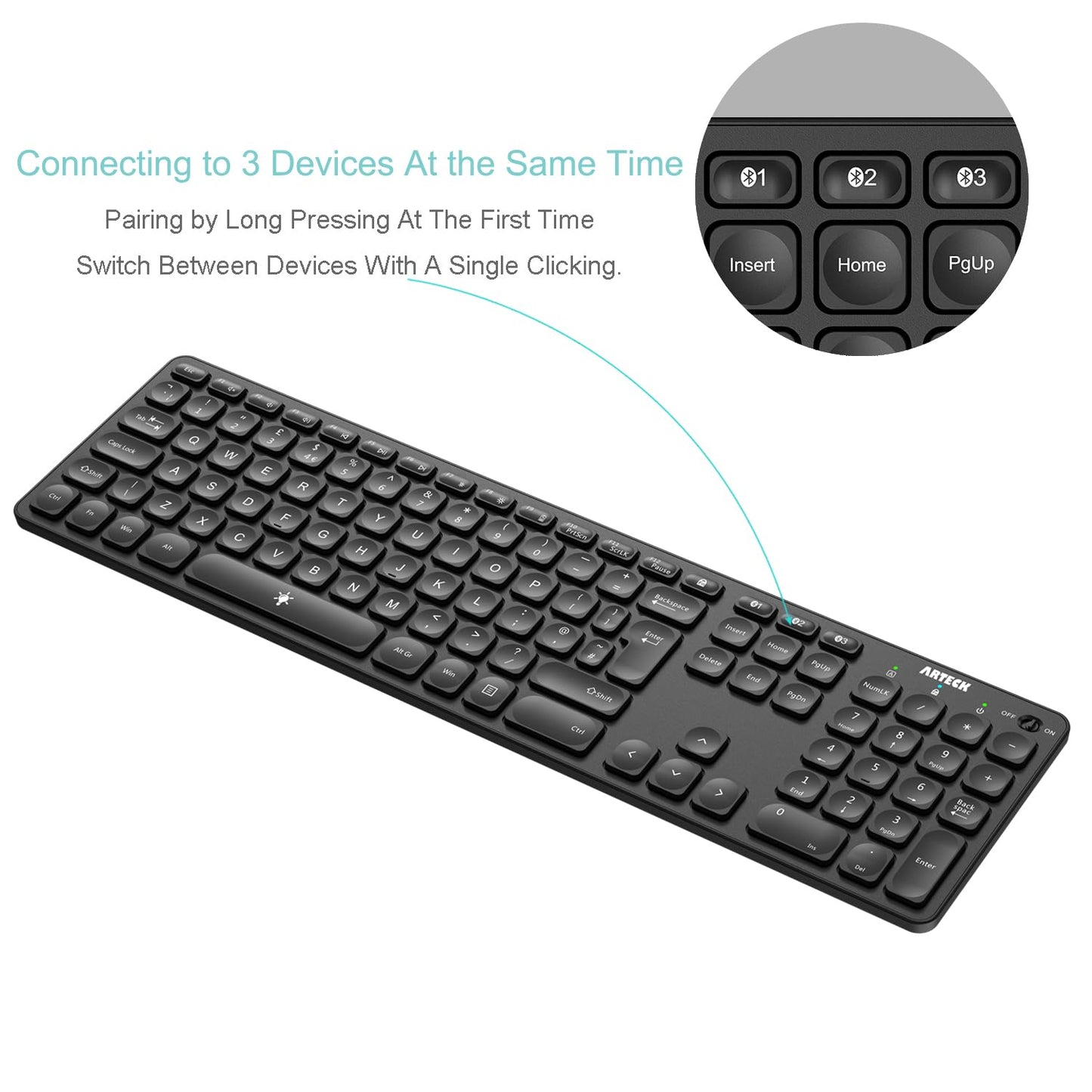 Arteck Universal Backlit 7-Colors & Adjustable Brightness Multi-Device Full Size Wireless Bluetooth Keyboard for Windows, iOS, iPad OS, Android, Computer Desktop Laptop Surface Tablet Smartphone