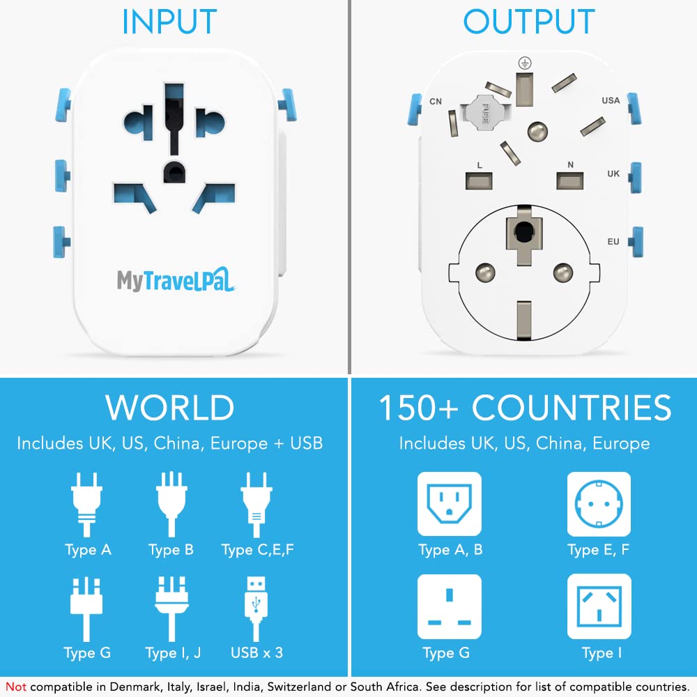 Worldwide Travel Adapter with USB | The Safest All In One Travel Adaptor | MyTravelPal® Pro Grounded Universal Travel Adapter Worldwide | Earthed International World Charger Multi Travel Plug Adapter 3 USB A