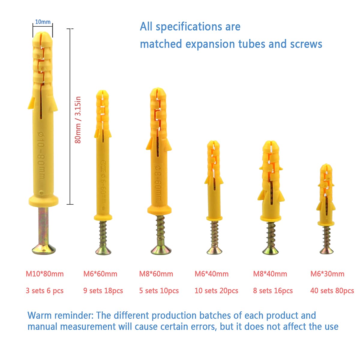 150 Pcs Wall Plugs And Screws For Brick,Masonry,Heavy Duty, Plastic Expansion Pipe Anchor Bolts (M6/M8/M10) Assorted Set, Used To Fix Photo Frames, Sockets, Partitions, Hooks(30/40/60/80mm)