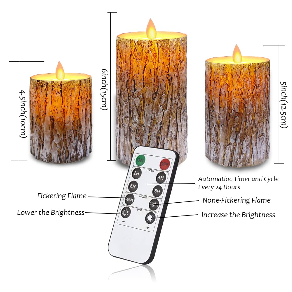 Aongray LED Candles with Pine Bark Effect Flickering Battery Operated Candles 4" 5" 6" Set of 3, Real Wax Candles Decorating Pillars,10-Key Remote Control with 24 Hour Timer Function