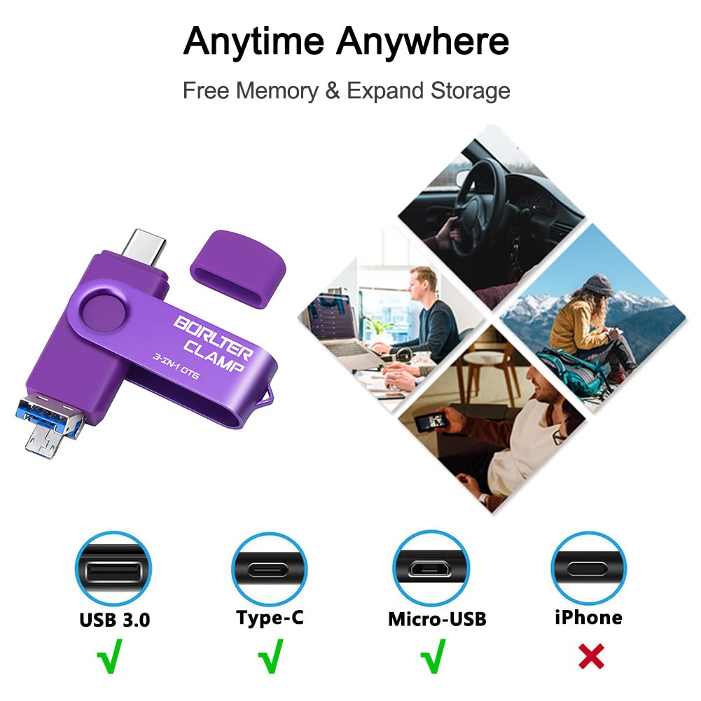 128GB USB 3.0 Flash Drive 3 in 1 Photo Stick for Android Phones, BORLTER CLAMP OTG Memory Stick with 3 USB Ports (USB C, microUSB, USB-A) for Samsung Galaxy, Tablet, PC and More (Purple) 128GB Purple